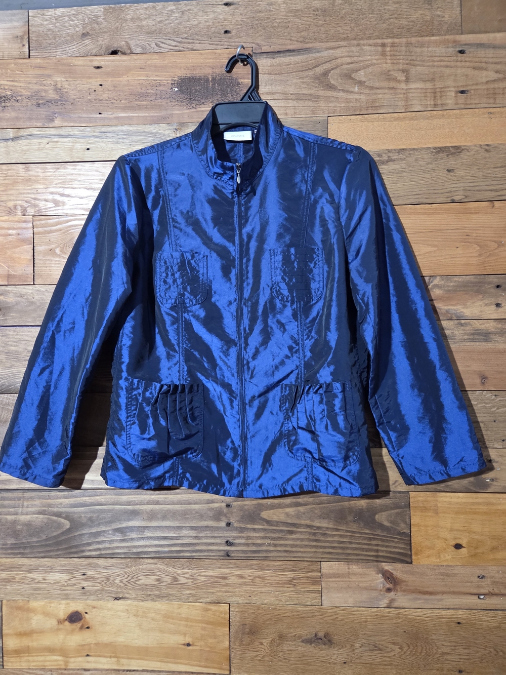 Chico's Iridescent Blue/purple Taffeta Zip Jacket Mock Neck Utility Women's Sz 2